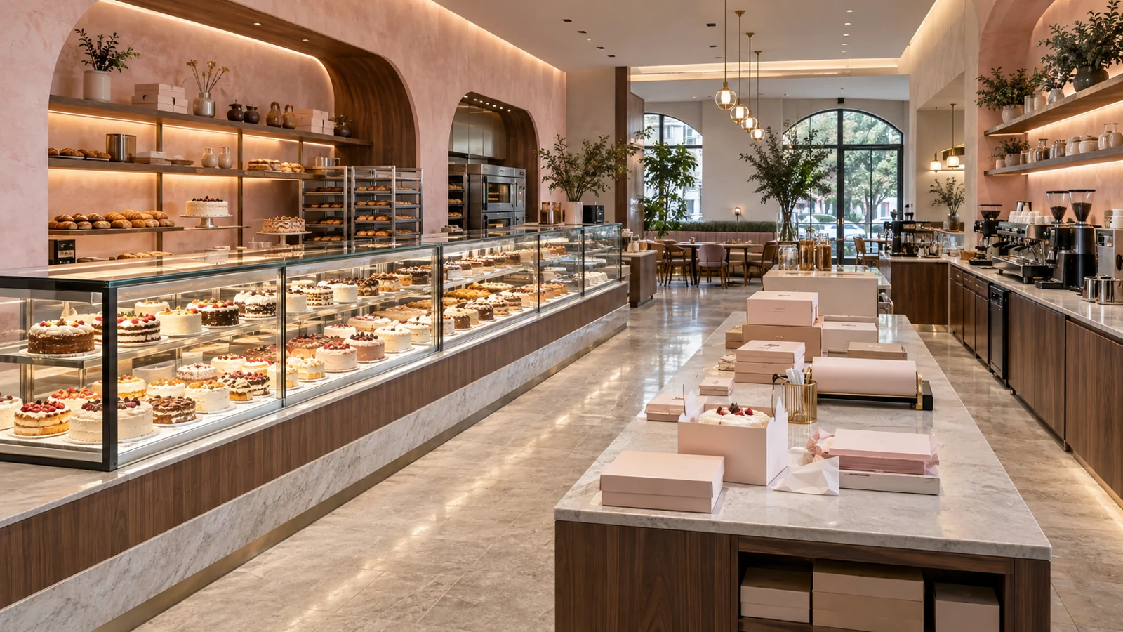 烘焙咖啡店：蛋糕陈列与装盒应用方案示意