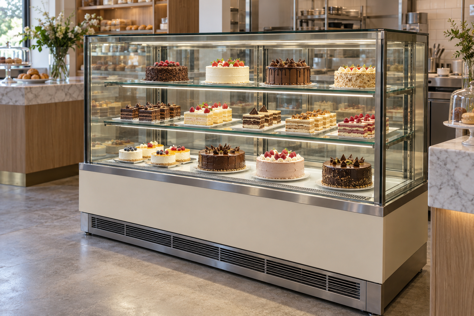 蛋糕冷藏柜 Refrigerated cake display case:烘焙店整蛋糕与切块甜品陈列示意