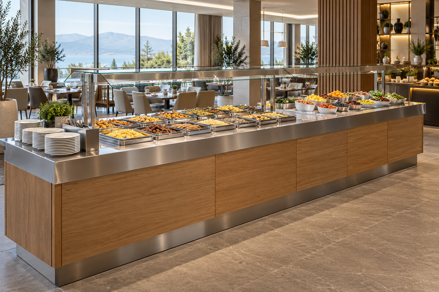 布菲台 Buffet table:酒店自助餐厅冷热分区台面场景示意
