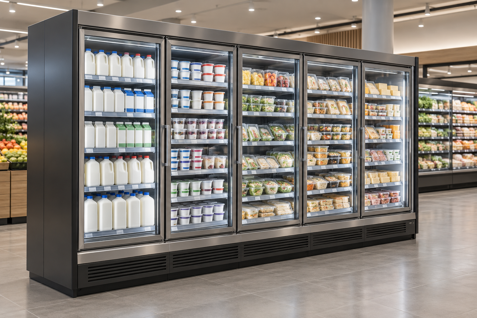 超市冷藏陈列柜 Supermarket refrigerated display cabinet:玻璃门多层冷藏商品区示意